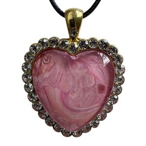 Handmade Pink Heart Pendant Necklace Gold Tone Crystal 20” by Svetlana Yeung